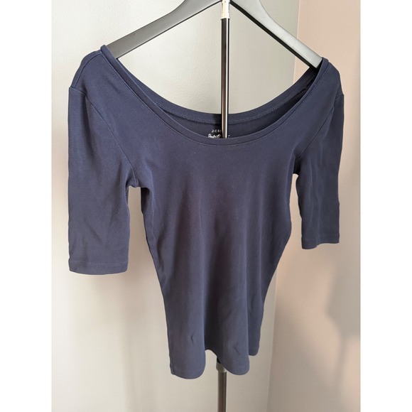 J.Crew Tops - J.Crew Perfect Fit Top Women XS Navy Blue Scoop Neck Button Cuff Preppy Classic